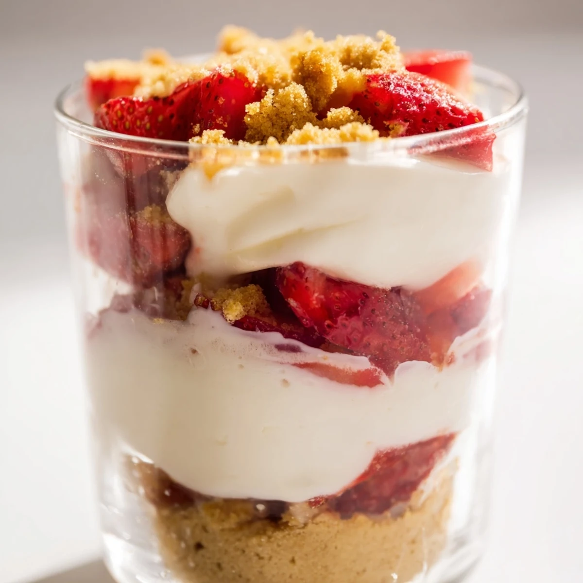 Delicious Strawberry Cheesecake Parfait dessert, ready to eat, featuring a vibrant strawberry and cookie crust.