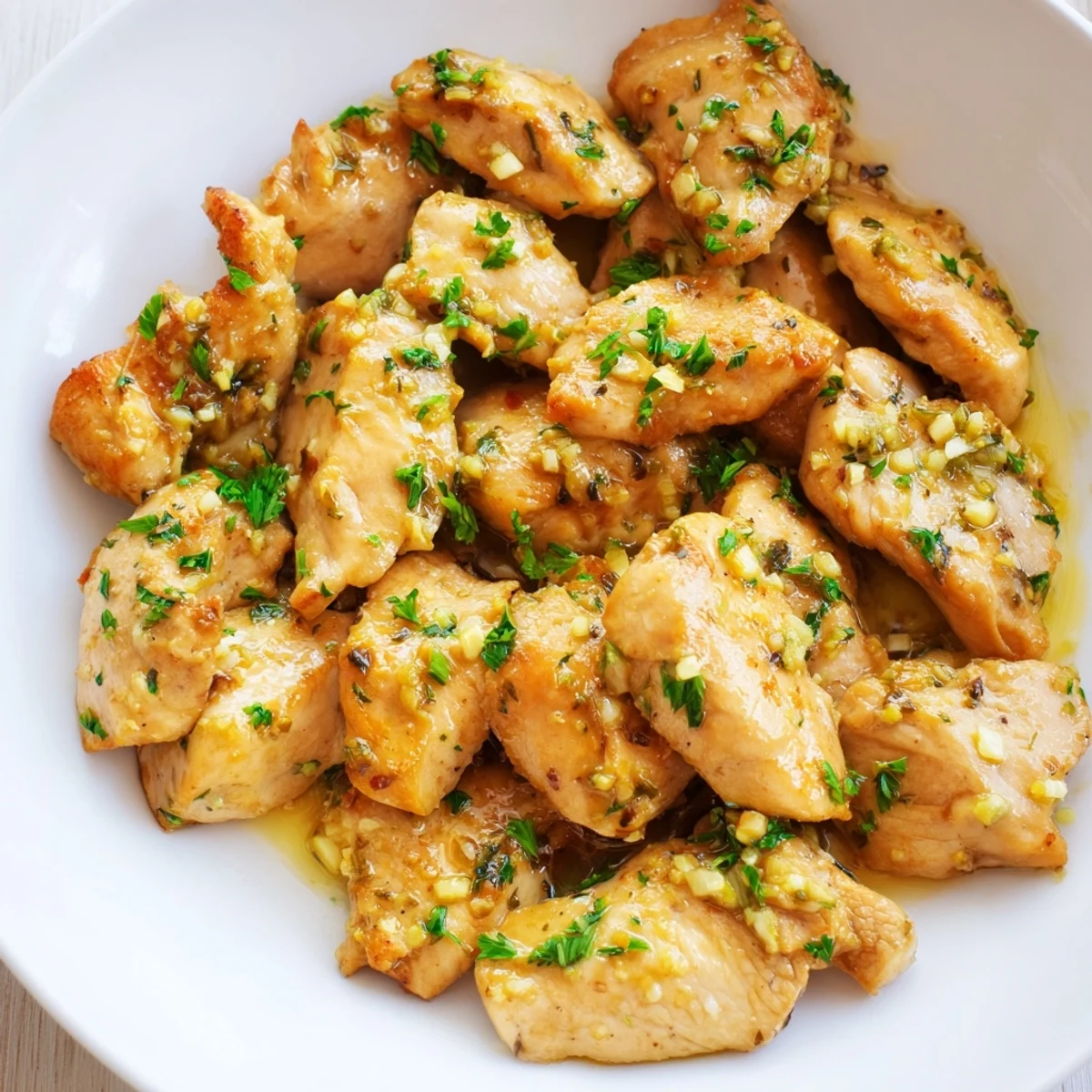 Golden-brown garlic butter chicken bites glistening in a rich, buttery sauce, ready to serve.