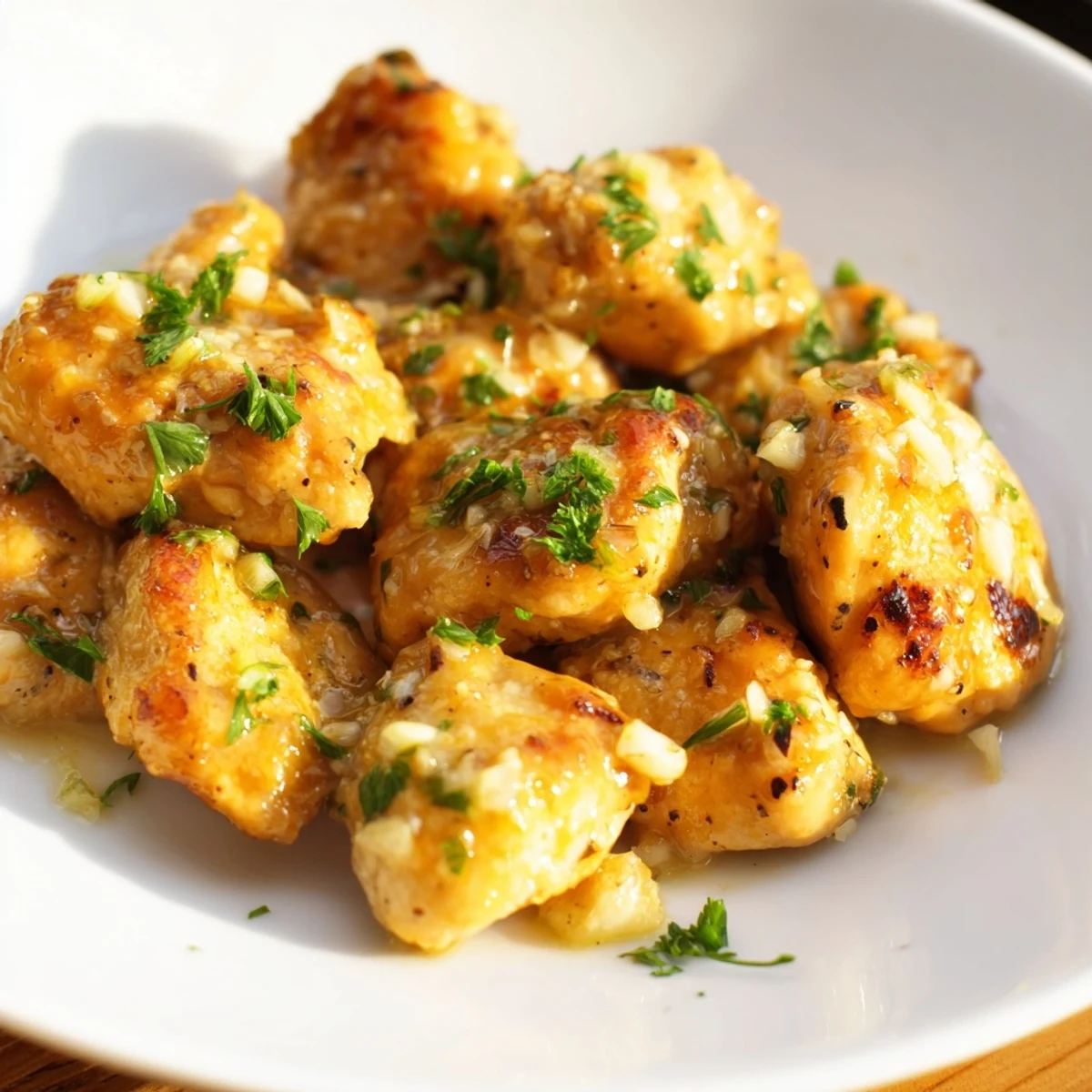 Close-up of savory garlic butter chicken bites, with fresh parsley, ready on a white plate.