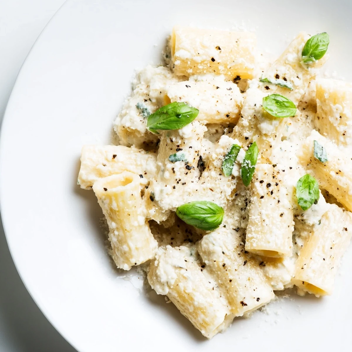 A creamy bowl of cottage cheese pasta, glistening with a creamy, smooth, protein-packed sauce.