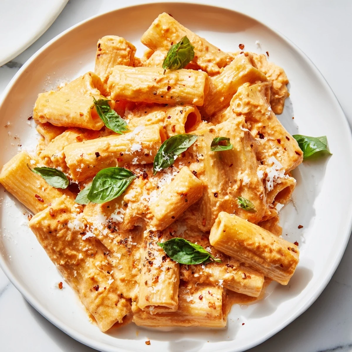 Warm, comforting cottage cheese pasta, garnished with fresh basil and Parmesan cheese, ready to eat.