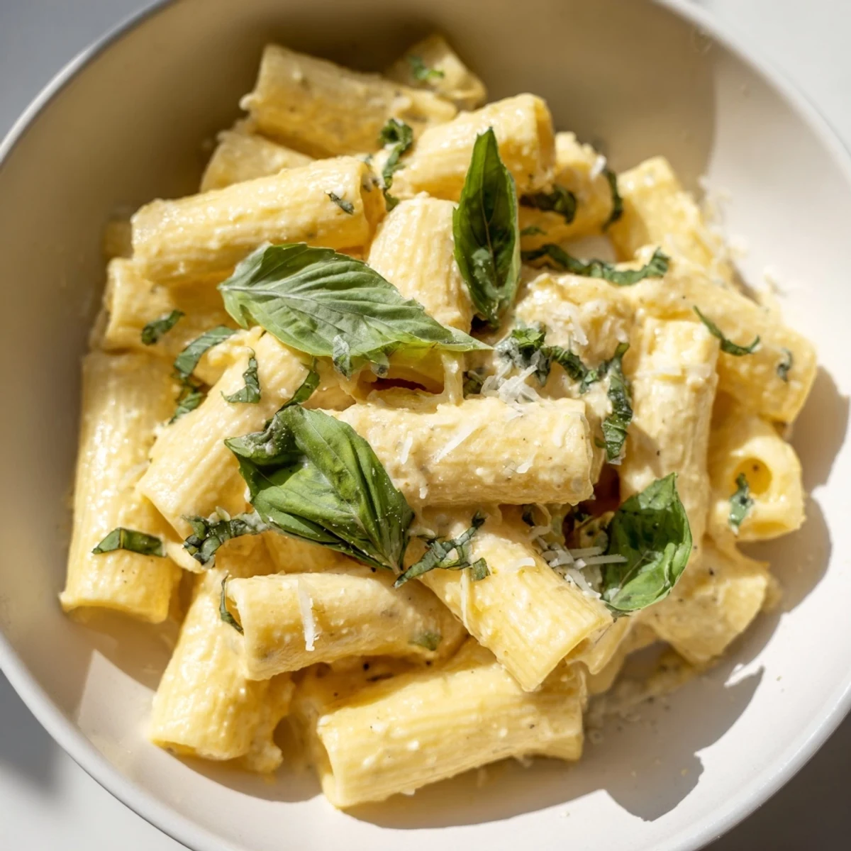 Close-up of a delightful plate of cottage cheese pasta, perfectly blended, a quick, easy, healthy meal.