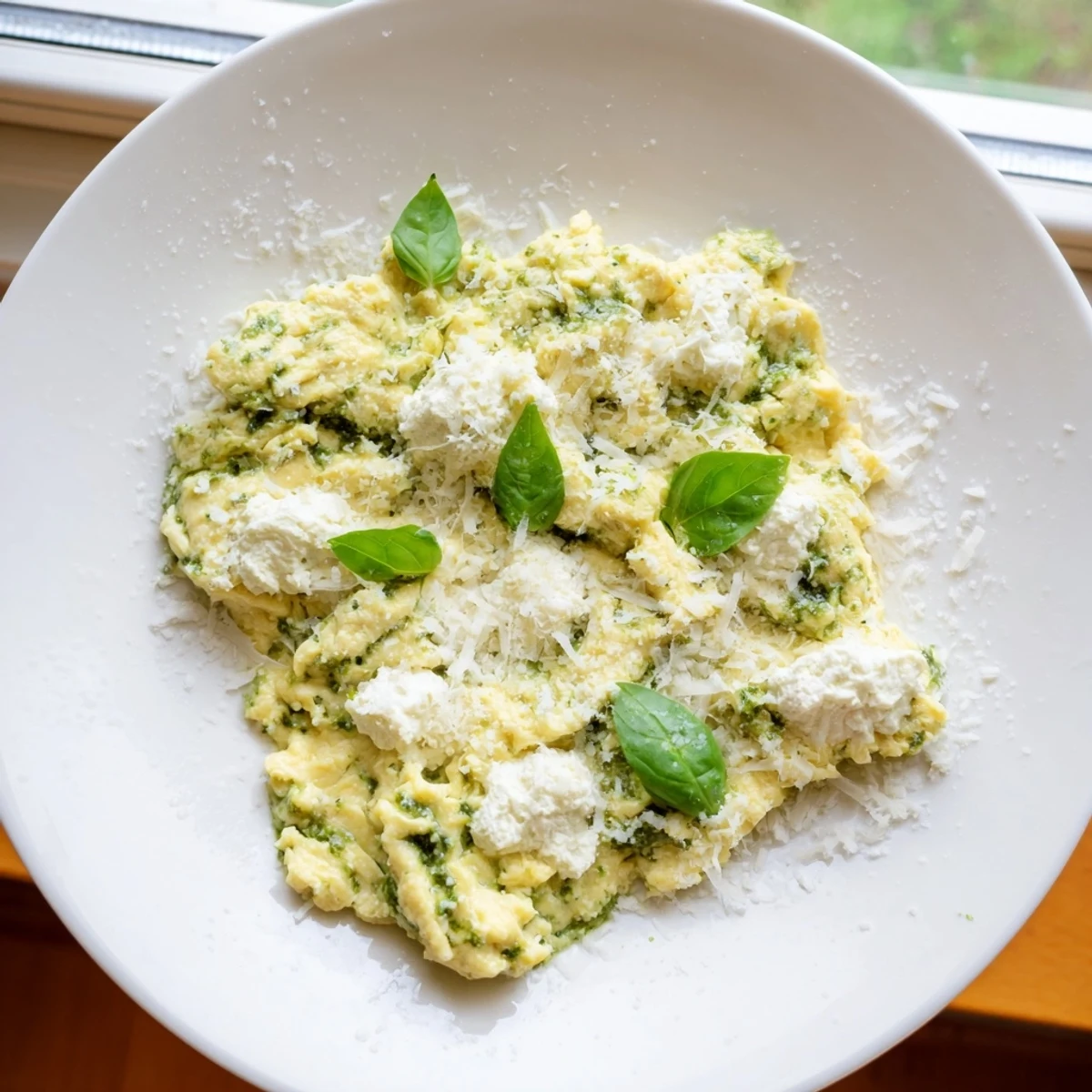 Creamy scrambled Pesto Cottage Cheese Eggs, bursting with fresh pesto flavor, served with crusty toast.