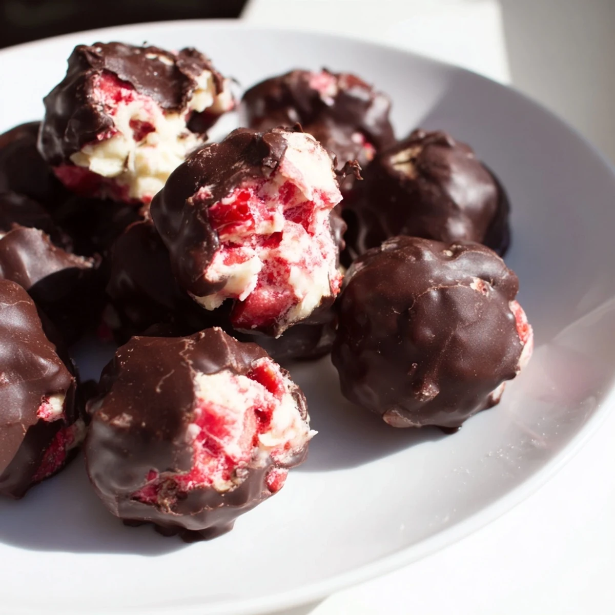 Strawberry Yogurt Clusters dipped in rich, dark chocolate are a perfect frozen treat.