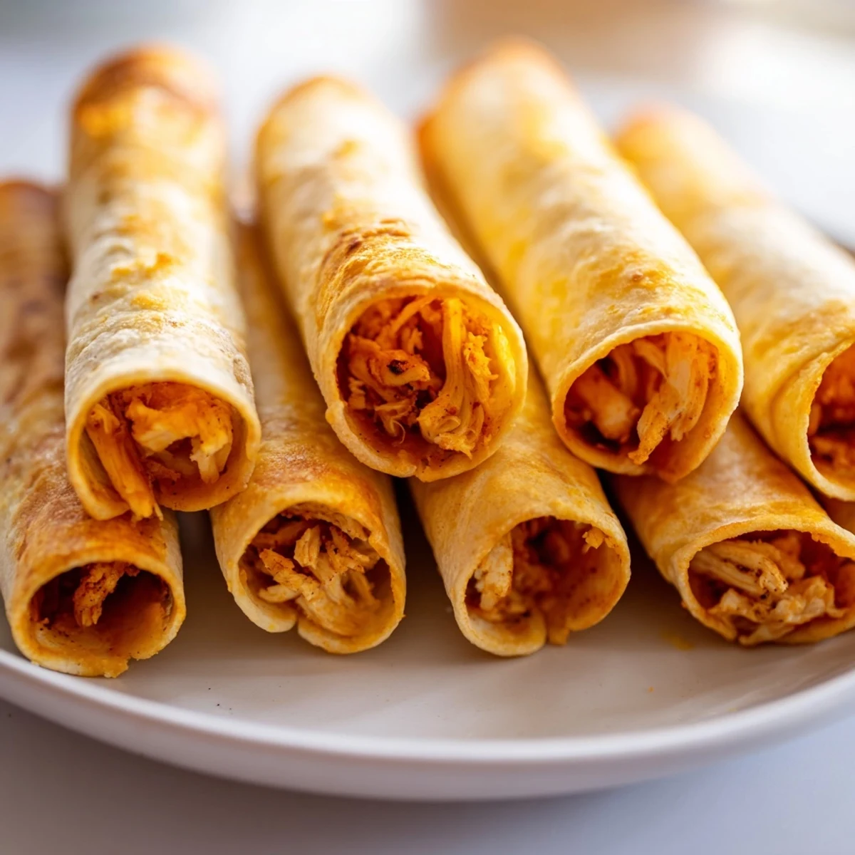 Air Fryer Taquitos, showcasing golden, crispy exterior with a melted cheese and chicken filling, ready to serve.