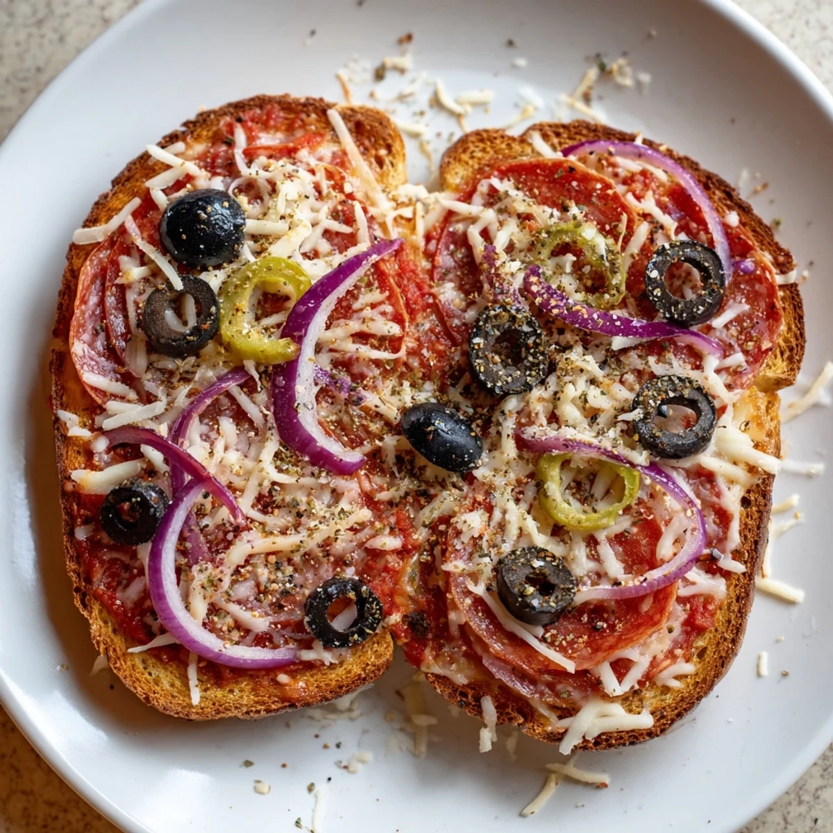 Golden, bubbly Pizza Toast 2.0 with melting cheese and vibrant pepperoni toppings, ready to enjoy.