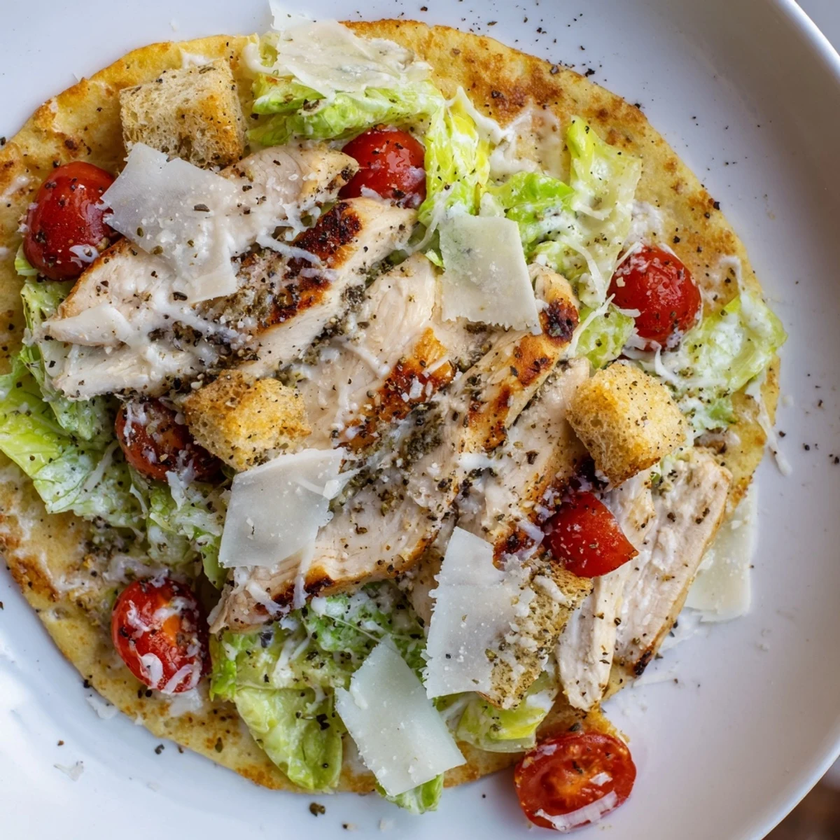 Golden Chicken Caesar Flatbread slices, a delicious main course with creamy Caesar dressing drizzled.