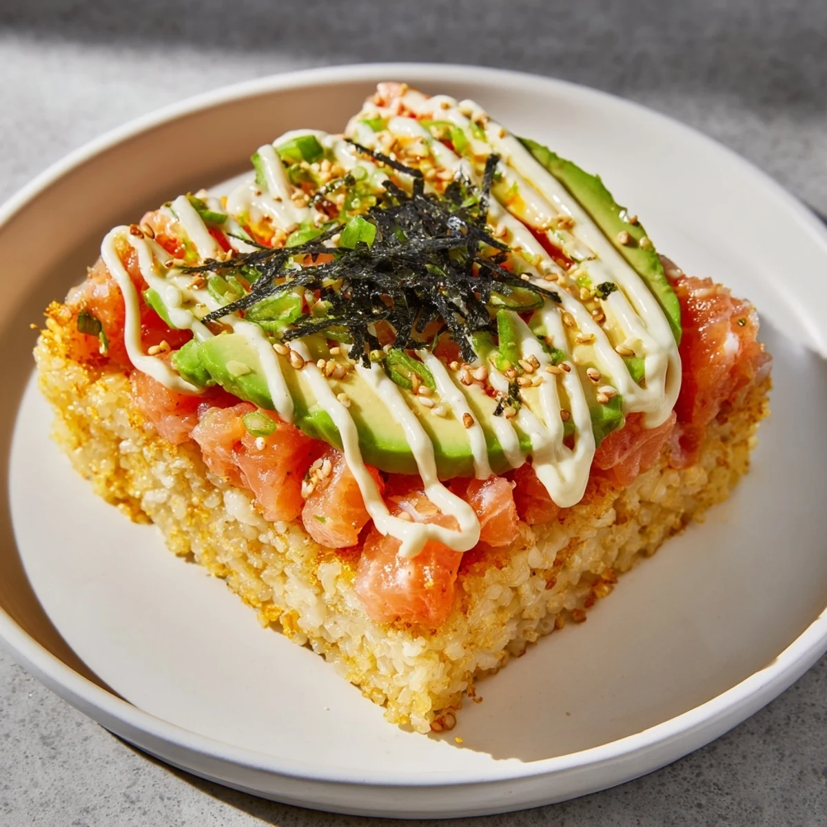 Stacked, flavorful crispy rice salmon, featuring golden rice and fresh, vibrant toppings.