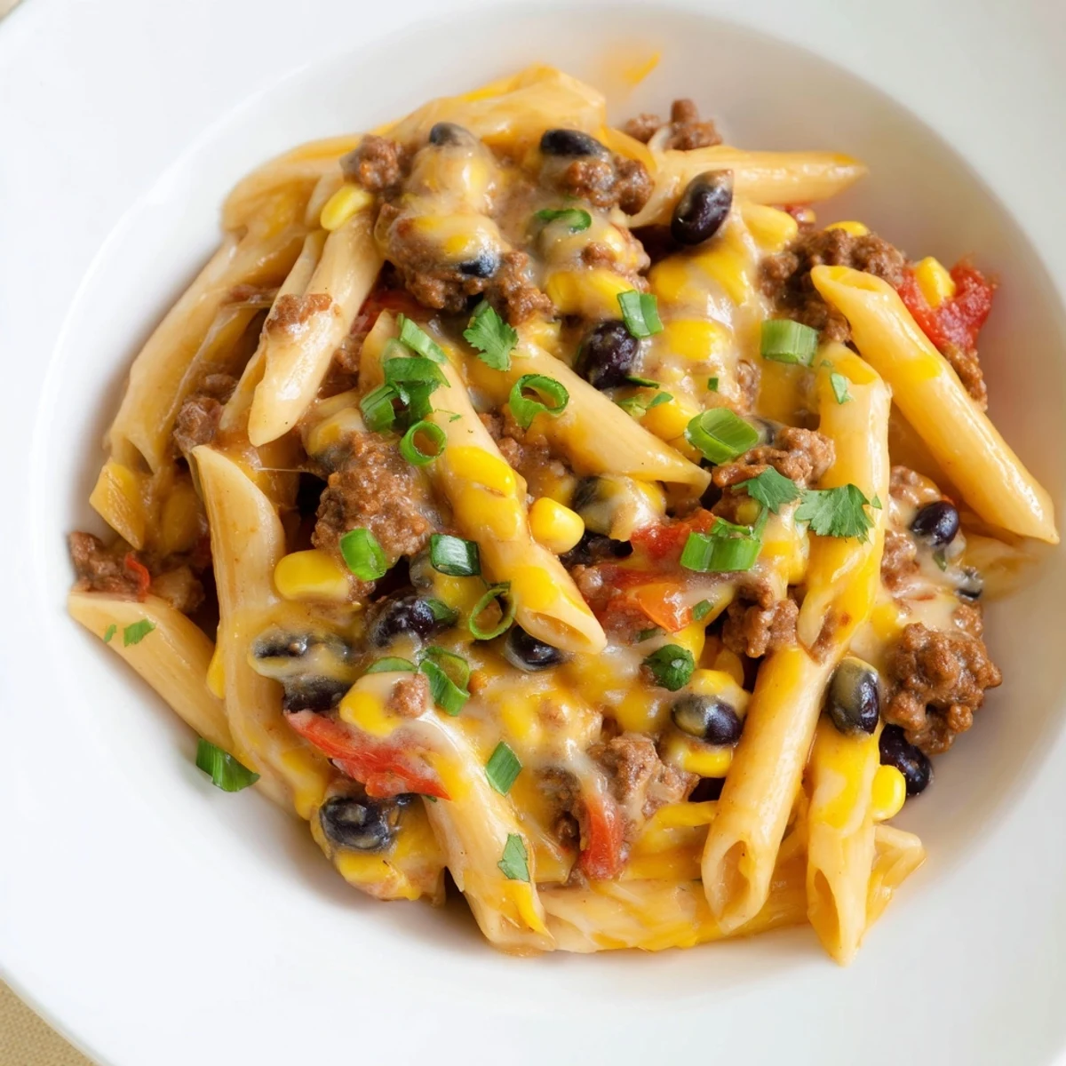 A warm bowl of Cheesy Taco Pasta with melted cheese and fresh cilantro, ready to eat.