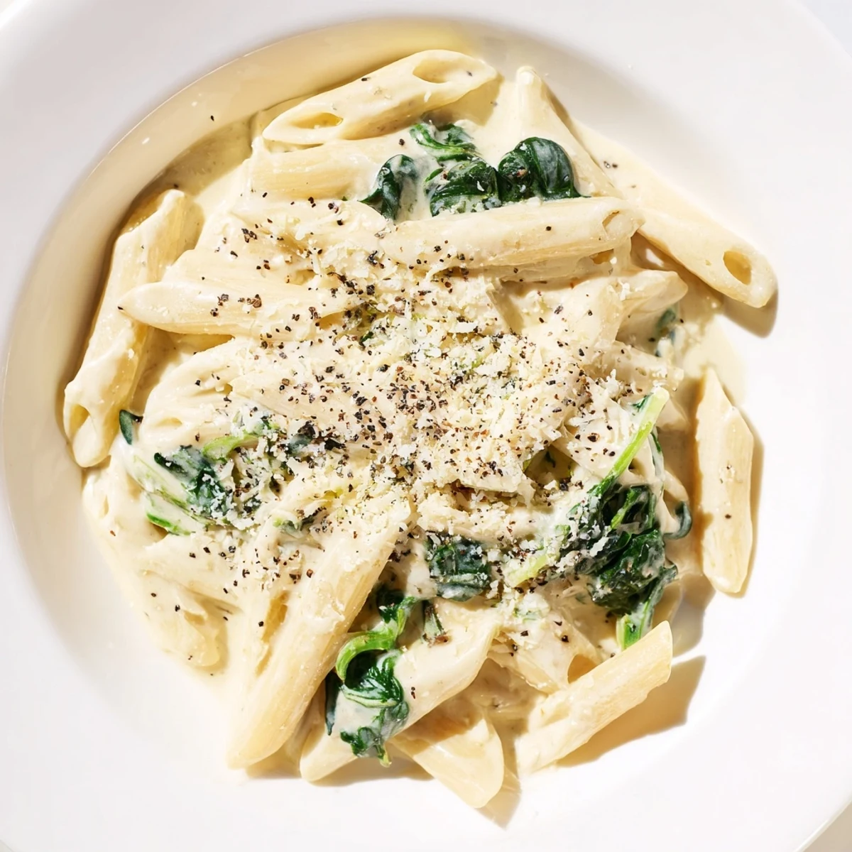 Creamy Spinach Pasta swimming in a rich, velvety sauce, garnished with fresh Parmesan and pepper.