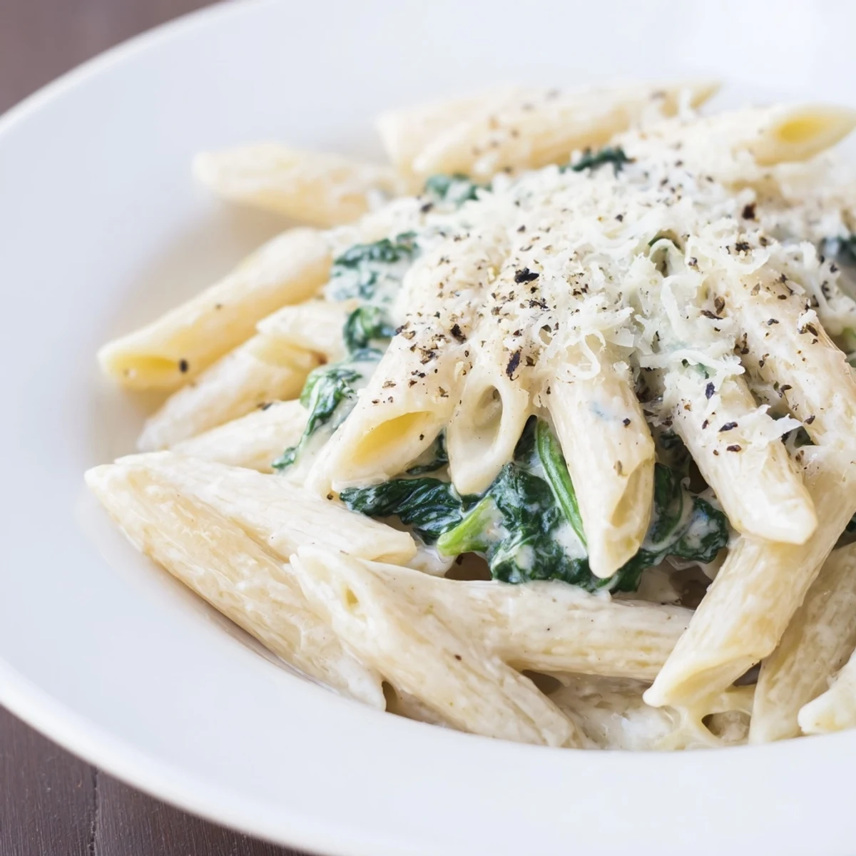 A close-up of the delicious Creamy Spinach Pasta, highlighting the creamy sauce and tender pasta.