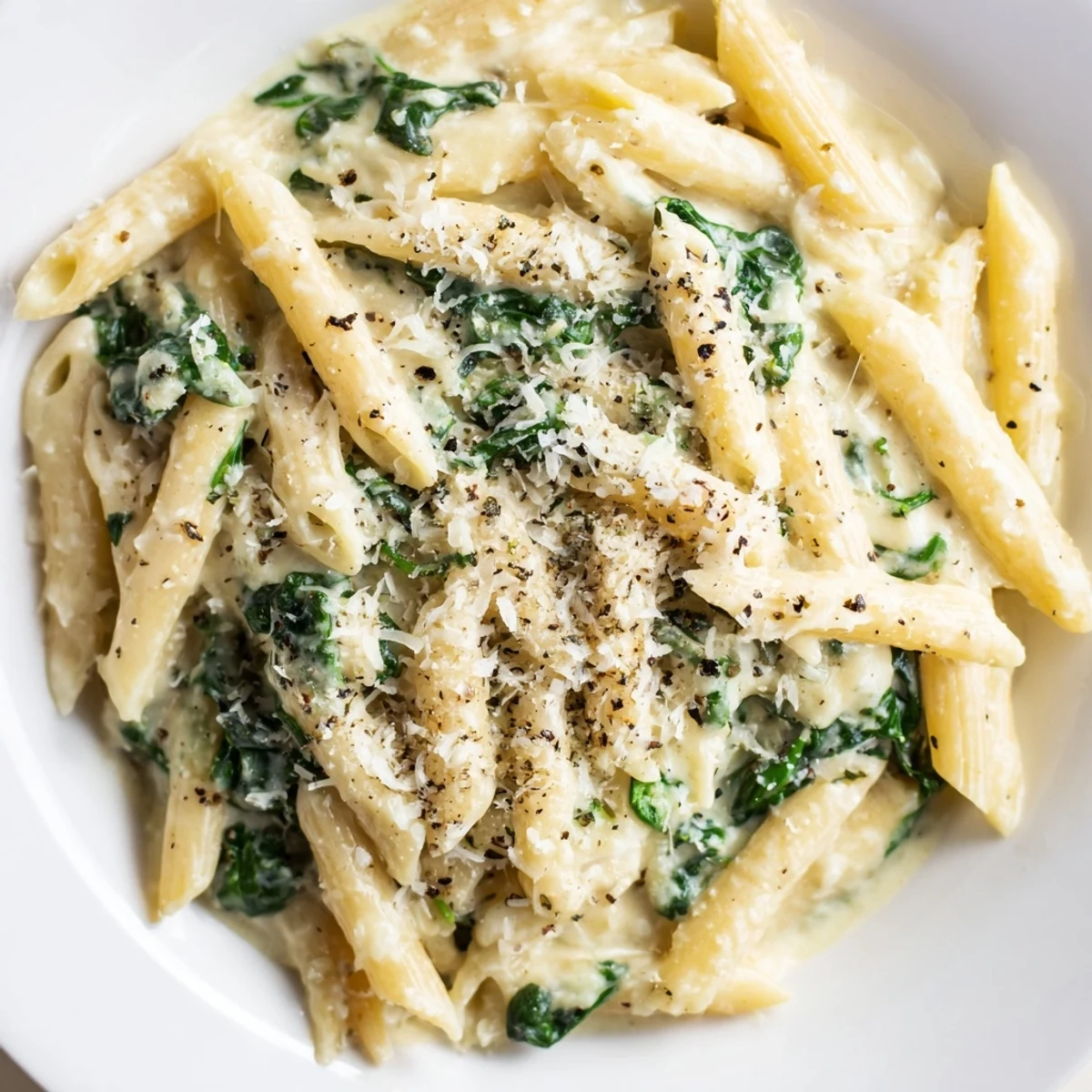 Bowl of Creamy Spinach Pasta, fragrant with garlic and nutmeg, ready for a comforting dinner.