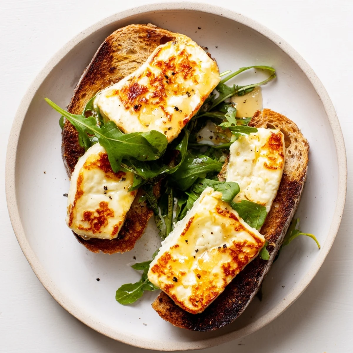 Golden-brown Crispy Halloumi Grilled Cheese, perfectly cooked and ready to enjoy with a drizzle of honey.