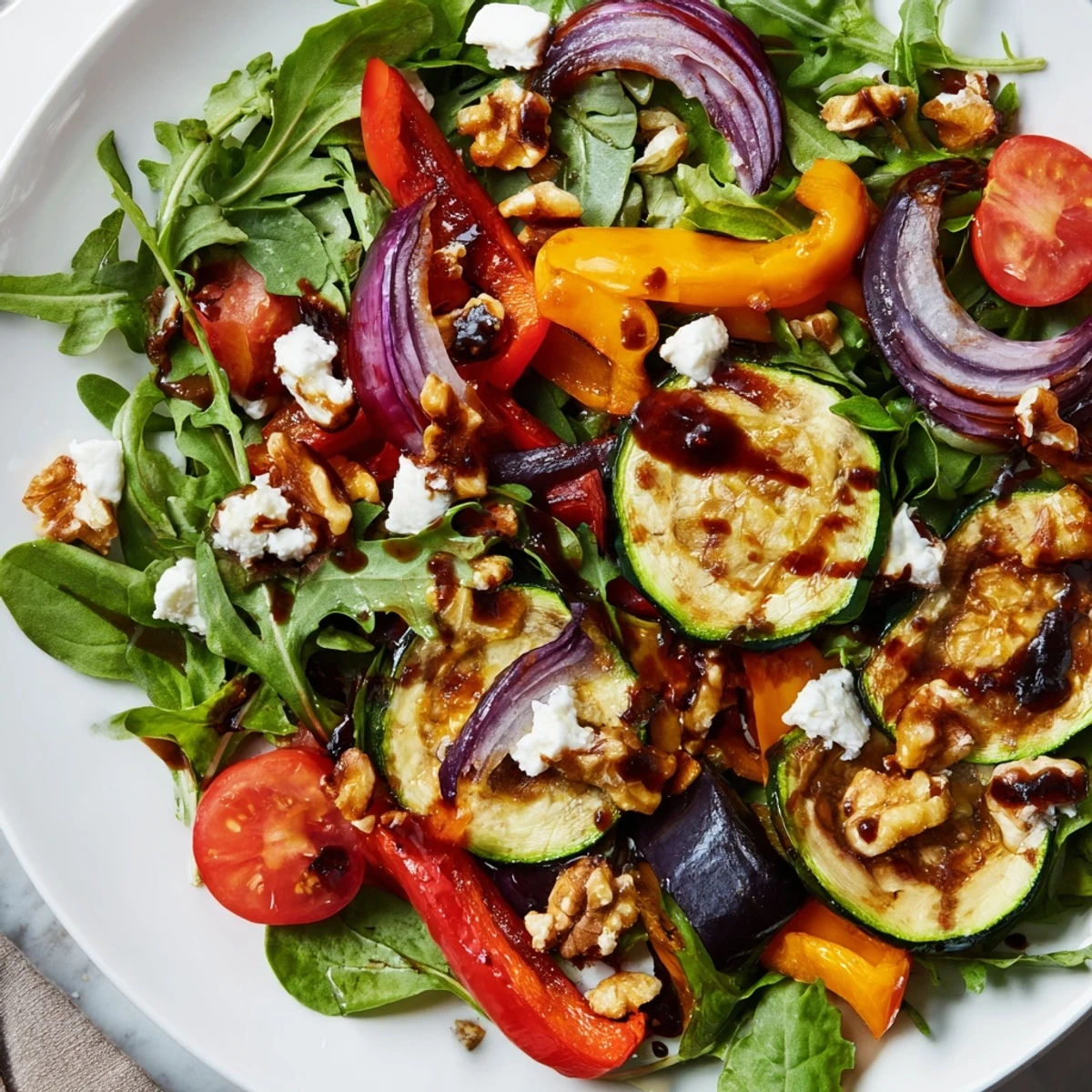 This Roasted Vegetable Salad displays a colorful combination of tender roasted vegetables with balsamic dressing drizzled.