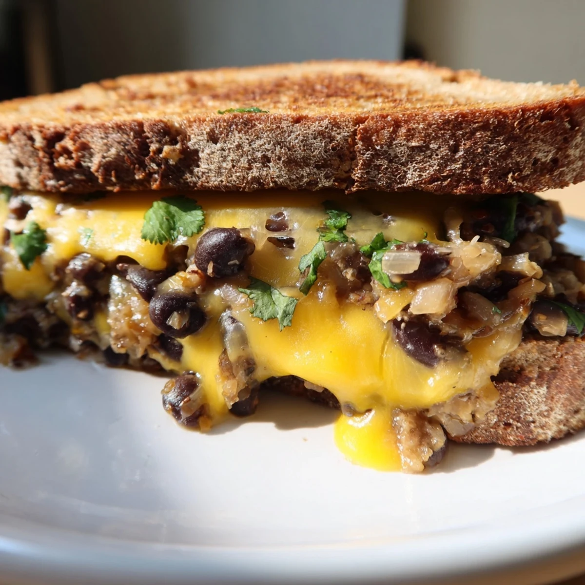 Golden-brown Black Bean Grilled Cheese, oozing melted cheese, a flavorful and easy vegetarian meal.