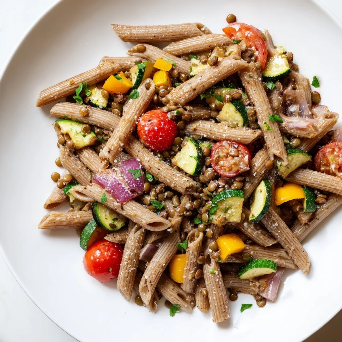Vibrant photo of Mediterranean lentil pasta with vegetables, a flavorful and nutritious main dish.