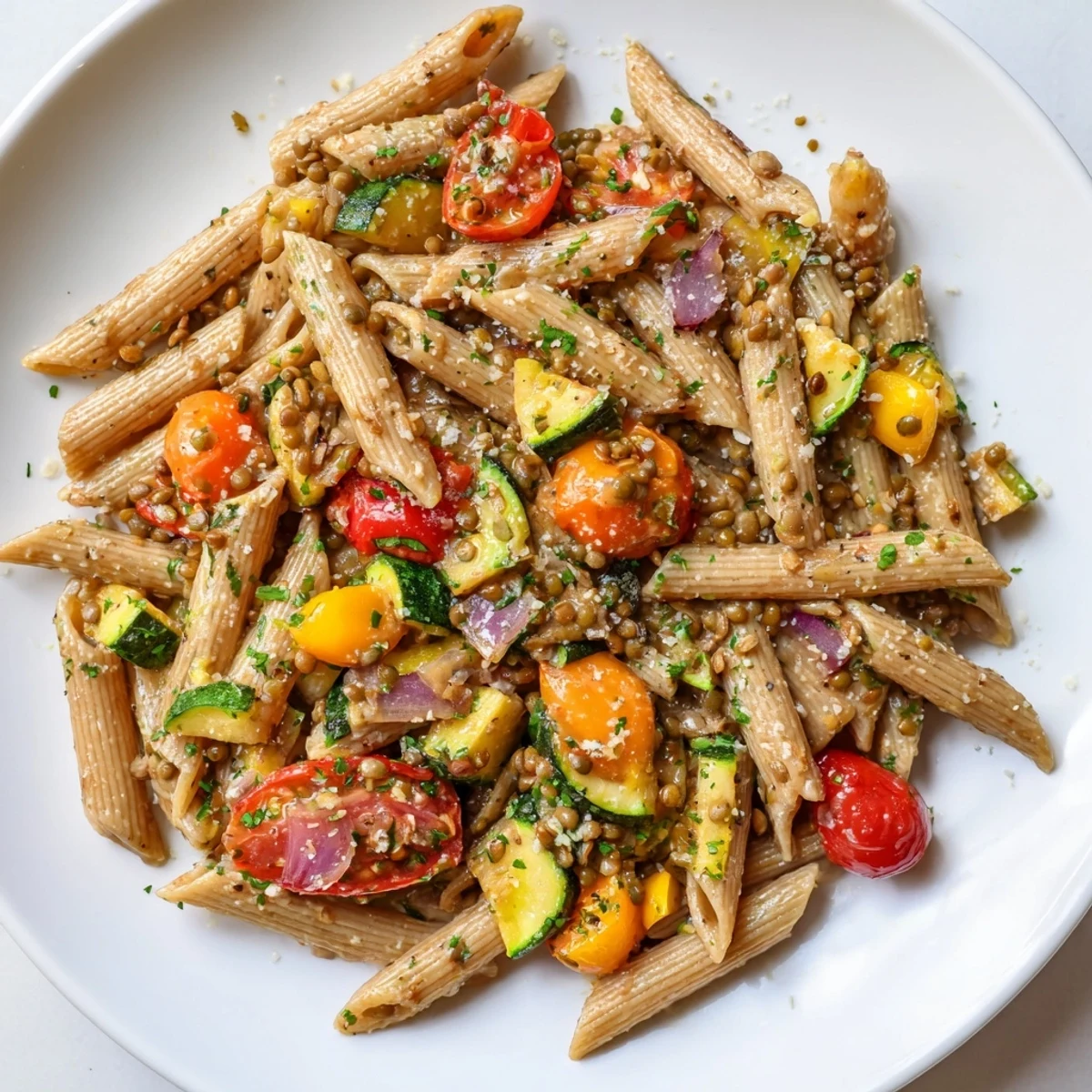 This lentil pasta with vegetables boasts tender roasted veggies and a light, herby sauce; so tasty.