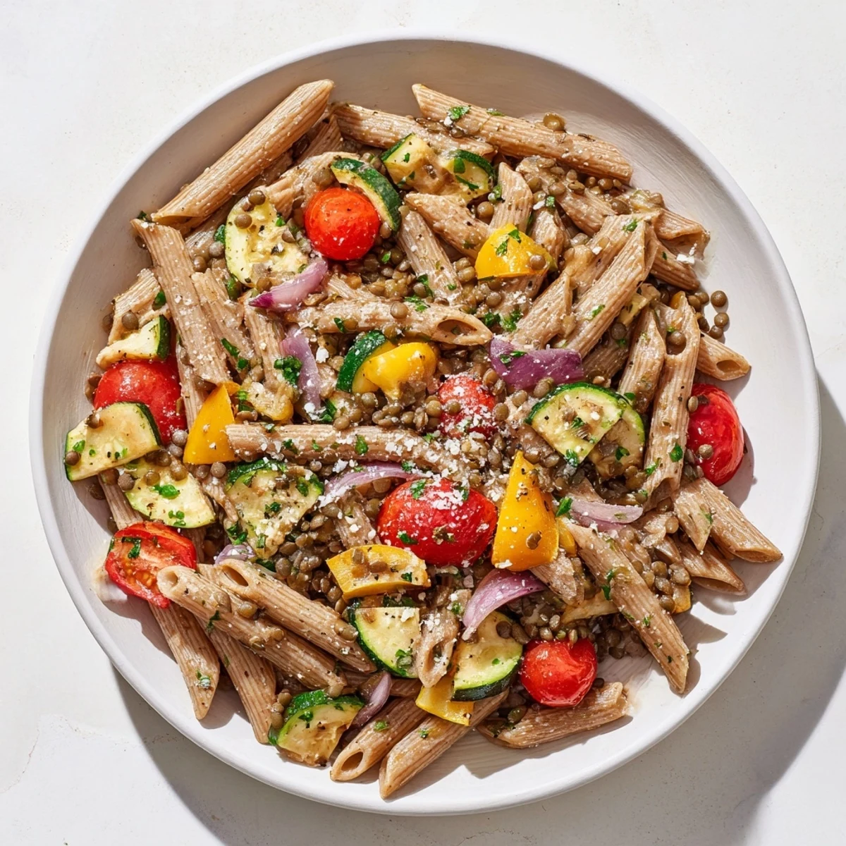 Warm bowl of lentil pasta mingling with colorful vegetables, offering comfort in every delicious forkful.