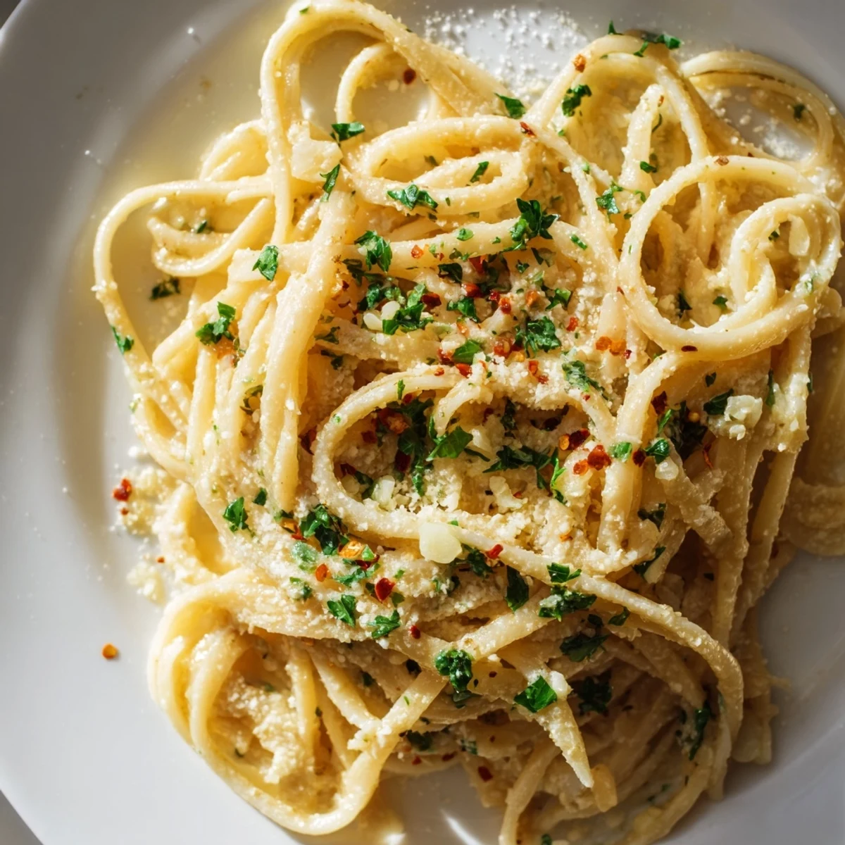 Linguine pasta glistening with garlic butter sauce, topped with fresh parsley; a vegetarian delight.