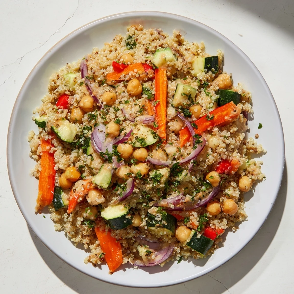 A colorful Quinoa Power Salad with roasted vegetables, chickpeas, and creamy tahini dressing.