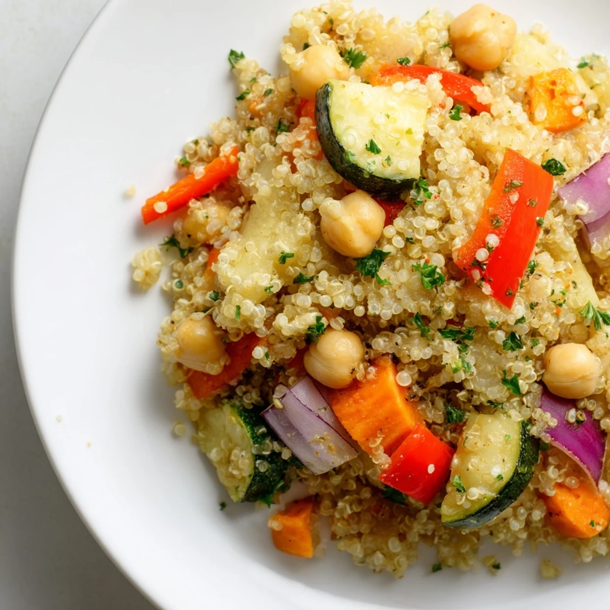 Enjoy a healthy Quinoa Power Salad: fluffy quinoa, vibrant roasted veggies, and a tangy lemon dressing.