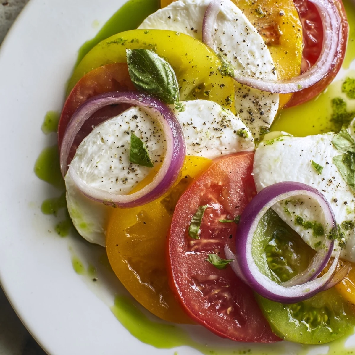 Summer Tomato Salad with fresh mozzarella, drizzled with basil oil, showcasing colorful heirloom tomatoes.