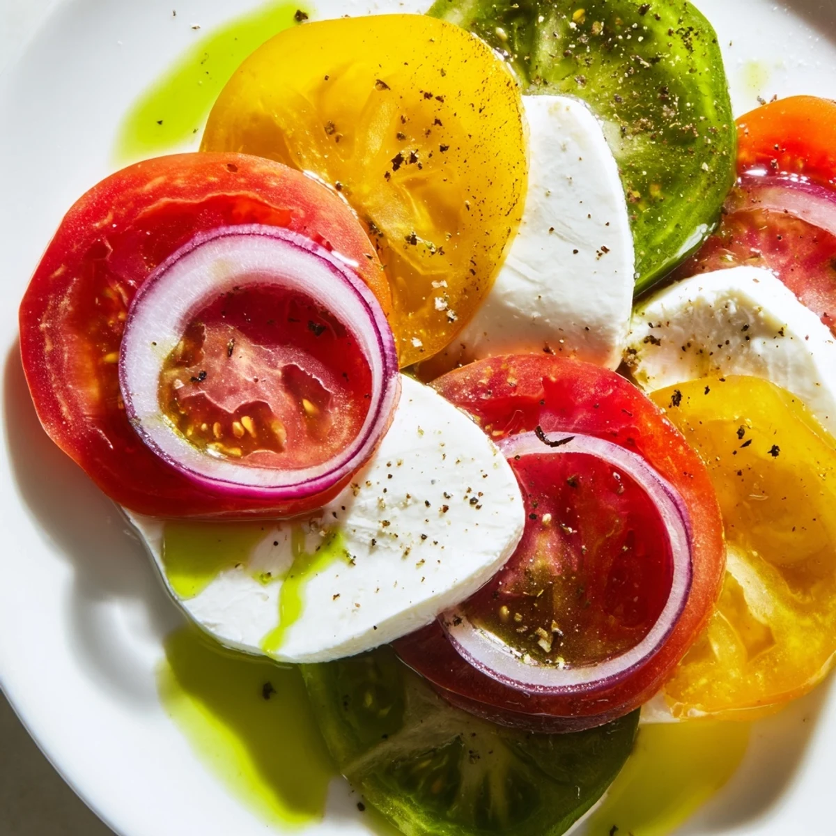 A close-up view of the Summer Tomato Salad, highlighting the fresh mozzarella and vibrant basil oil.