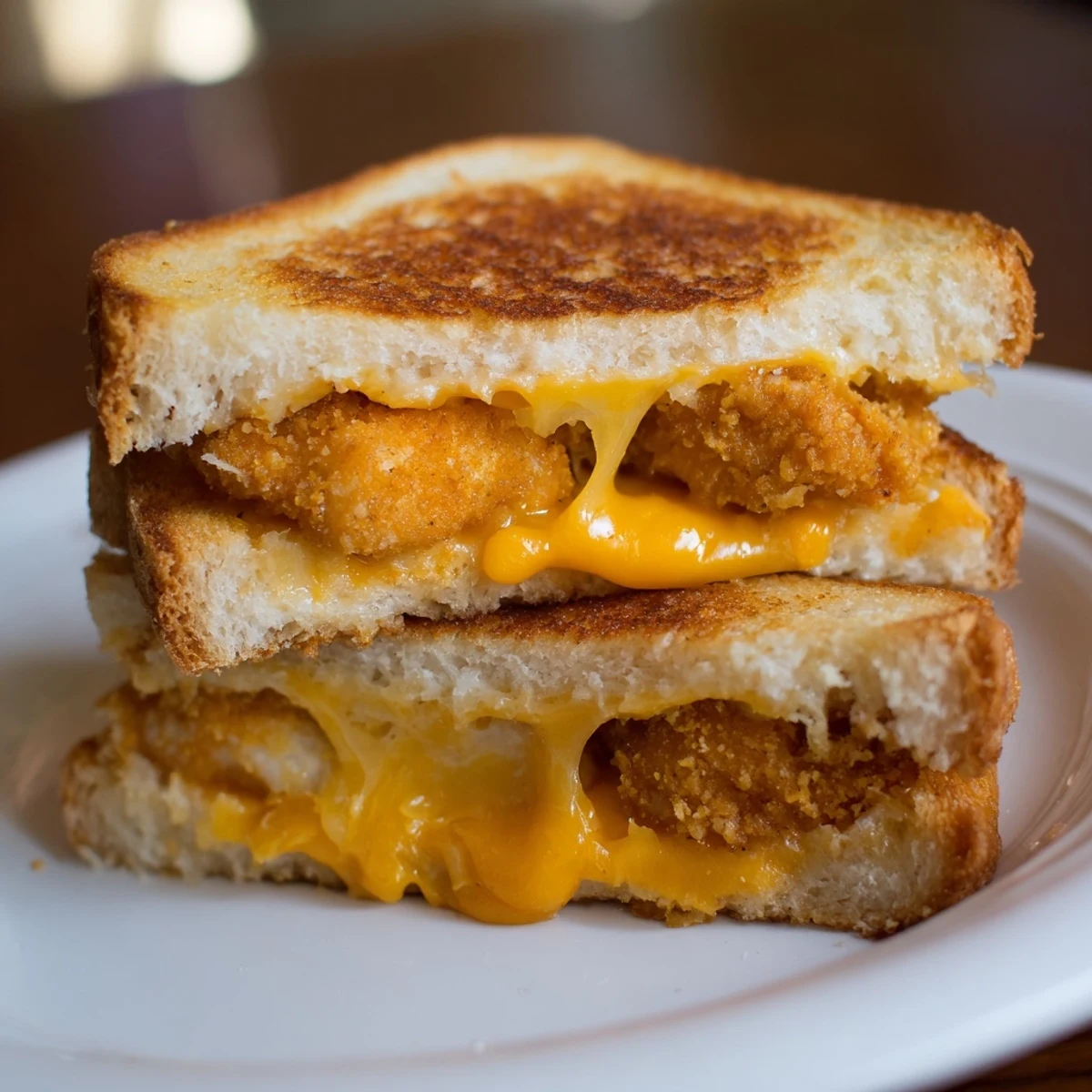 Melted cheddar cheese oozes from a Chicken Nugget Grilled Cheese, a perfect comfort food sandwich.