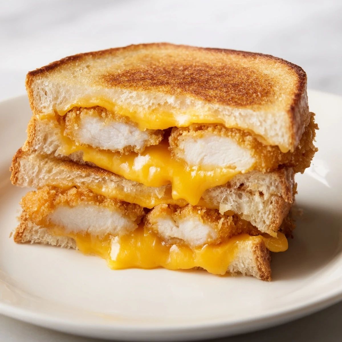 Golden-brown Chicken Nugget Grilled Cheese halves, ready to eat, offer crispy textures and cheesy goodness.