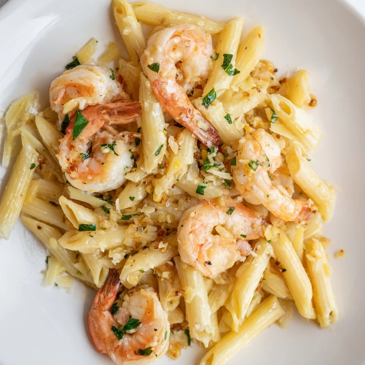 Golden, pan-seared Garlic Shrimp Penne featuring tender shrimp and a bright lemon garlic sauce.