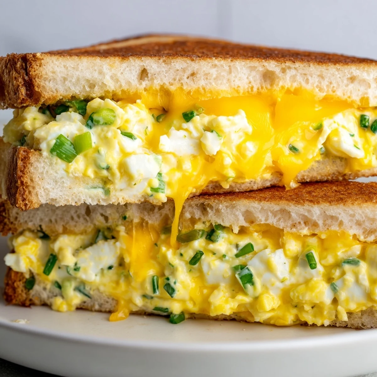 Golden, cheesy Egg Salad Grilled Cheese sandwich, served warm with melted cheese and crispy bread.