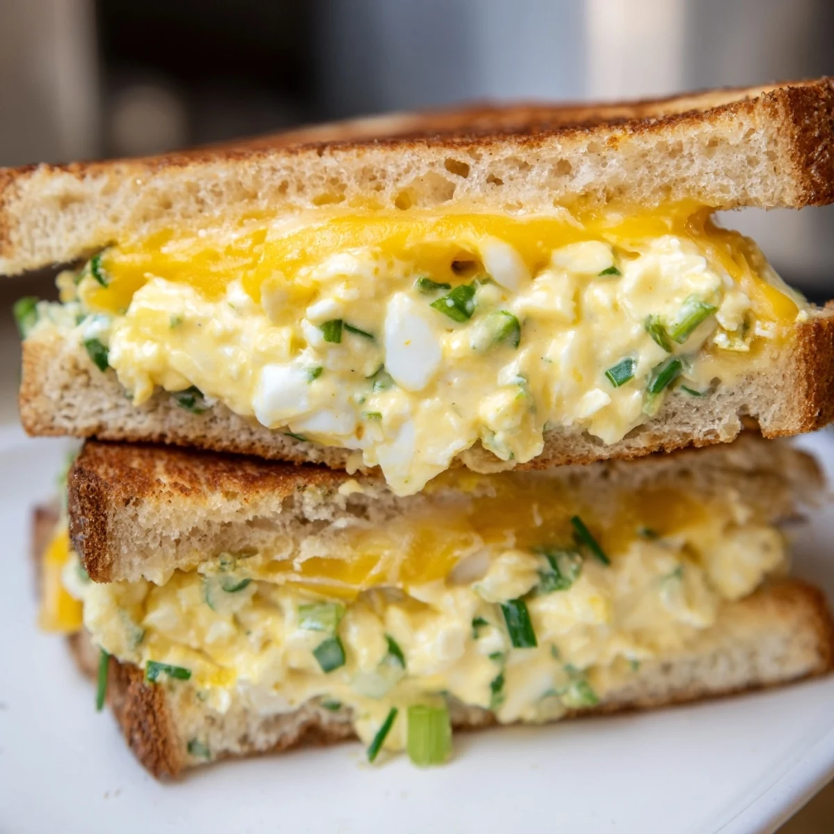 A close-up shot of the savory Egg Salad Grilled Cheese with visible creamy filling and golden crust.