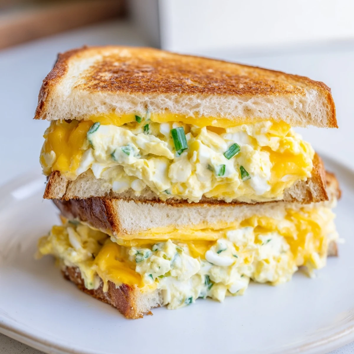 Enjoy the comfort food: toasted Egg Salad Grilled Cheese, ready for a delicious, easy meal.