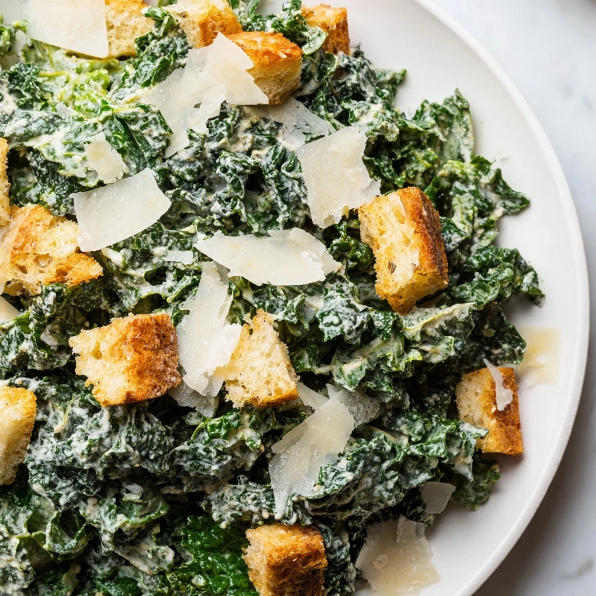 Fresh Kale Caesar Salad with crispy croutons and shaved Parmesan, a vibrant green dish.