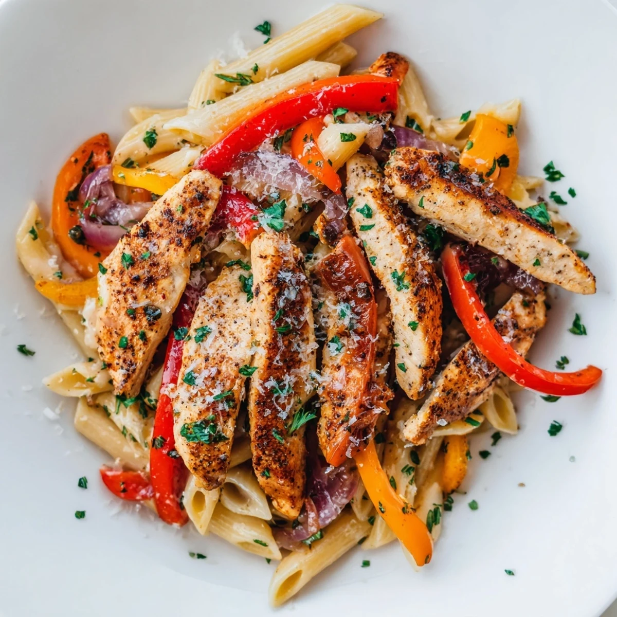 Smoky Cajun Chicken Pasta, a creamy delight with colorful peppers and perfectly cooked chicken.