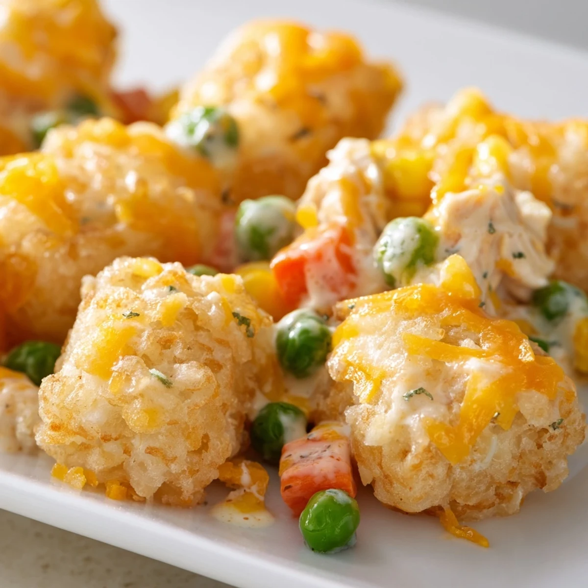 Golden, crispy tater tots crown a hearty Crispy Tater Tot Casserole, bubbling with cheese and chicken.