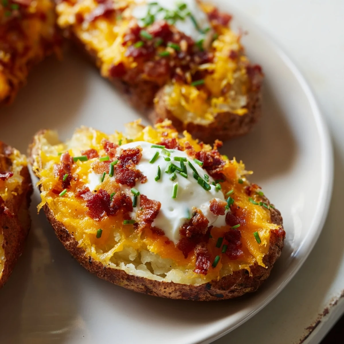 Golden, crispy Loaded Baked Potato Skins, generously filled with melted cheese and crumbled bacon.