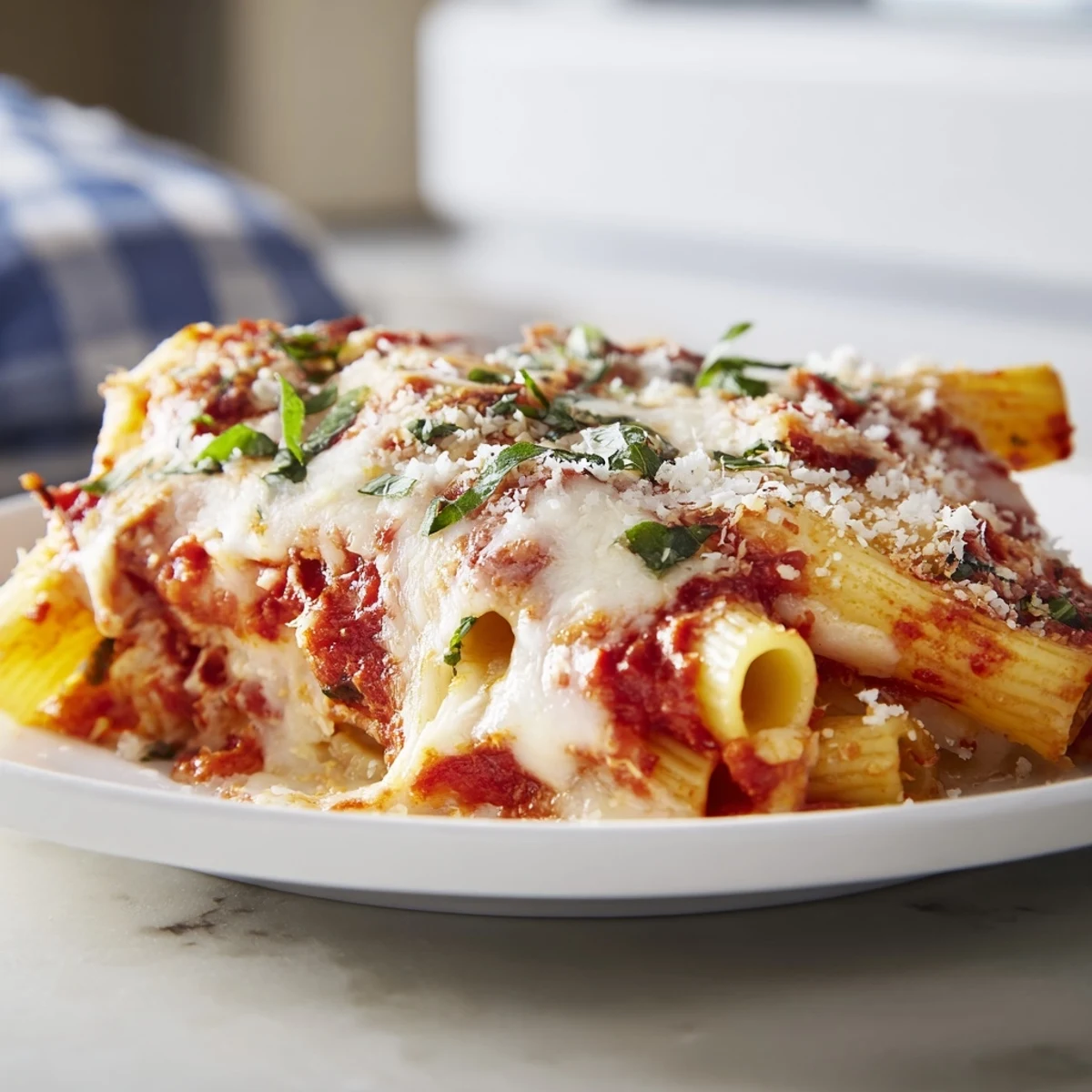 Golden, bubbly Cheesy Baked Ziti fresh from the oven, a satisfying Italian comfort food.