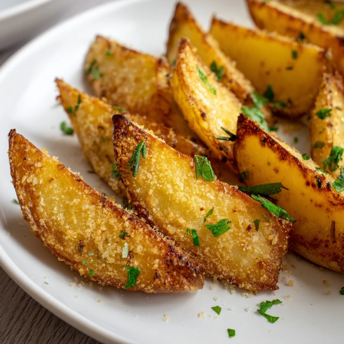 Enjoy the aromatic Rosemary Parmesan Potato Wedges, ready to serve as a delicious vegetarian side.