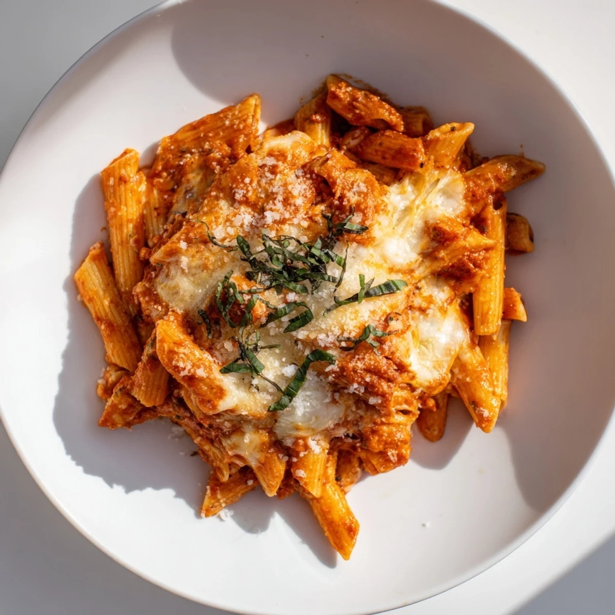 Baked Penne Arrabbiata, bubbling with melted mozzarella and Parmesan cheese, offers a comforting, spicy aroma.