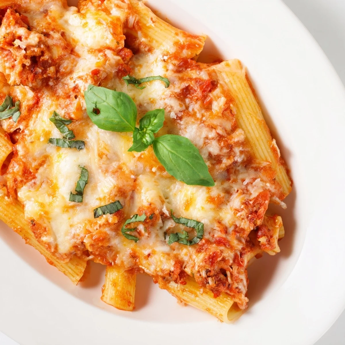 A close-up view of golden-brown Baked Penne Arrabbiata, ready to serve, with fresh basil topping. 