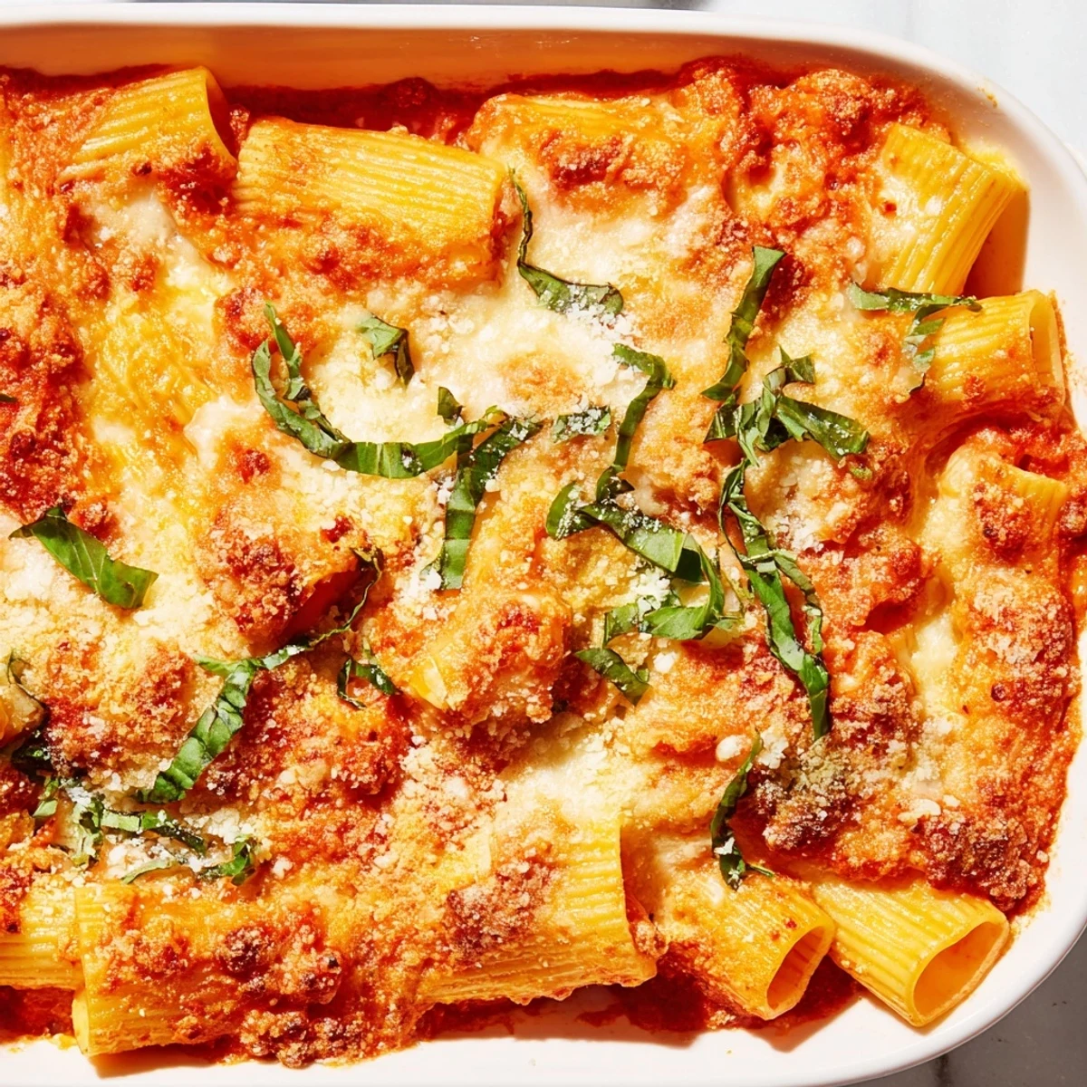 A vibrant photo of creamy Four Cheese Baked Pasta with a rich cheese crust and fresh basil garnish.