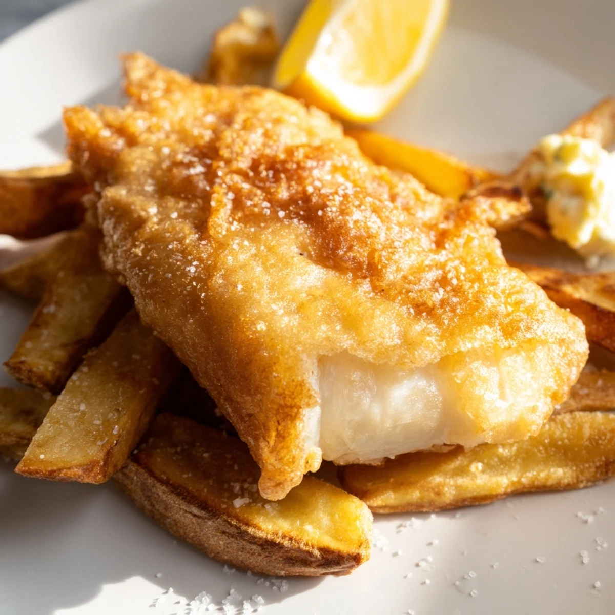 Crispy beer-battered British fish and chips, offering a delicious crunch and a satisfying, savory taste.