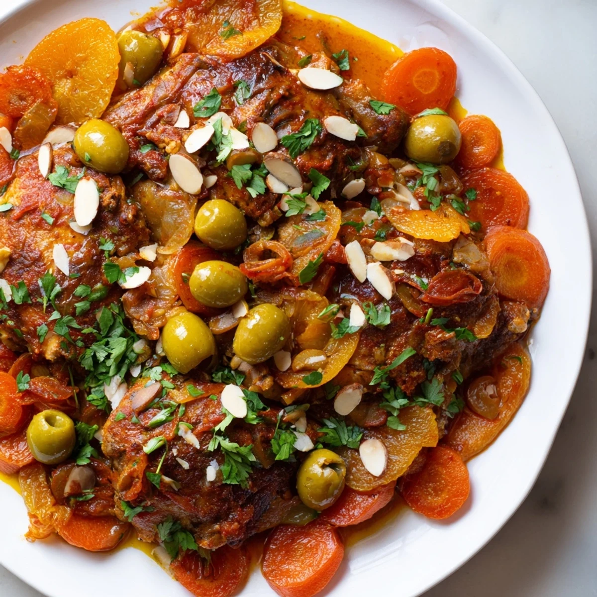 Golden-brown Moroccan Tagine Chicken with apricots, olives, and a rich, flavorful sauce, ready to serve.