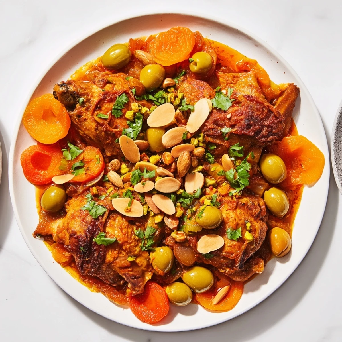 Hearty Moroccan Tagine Chicken simmering in a Dutch oven with carrots, ready for couscous and cilantro.