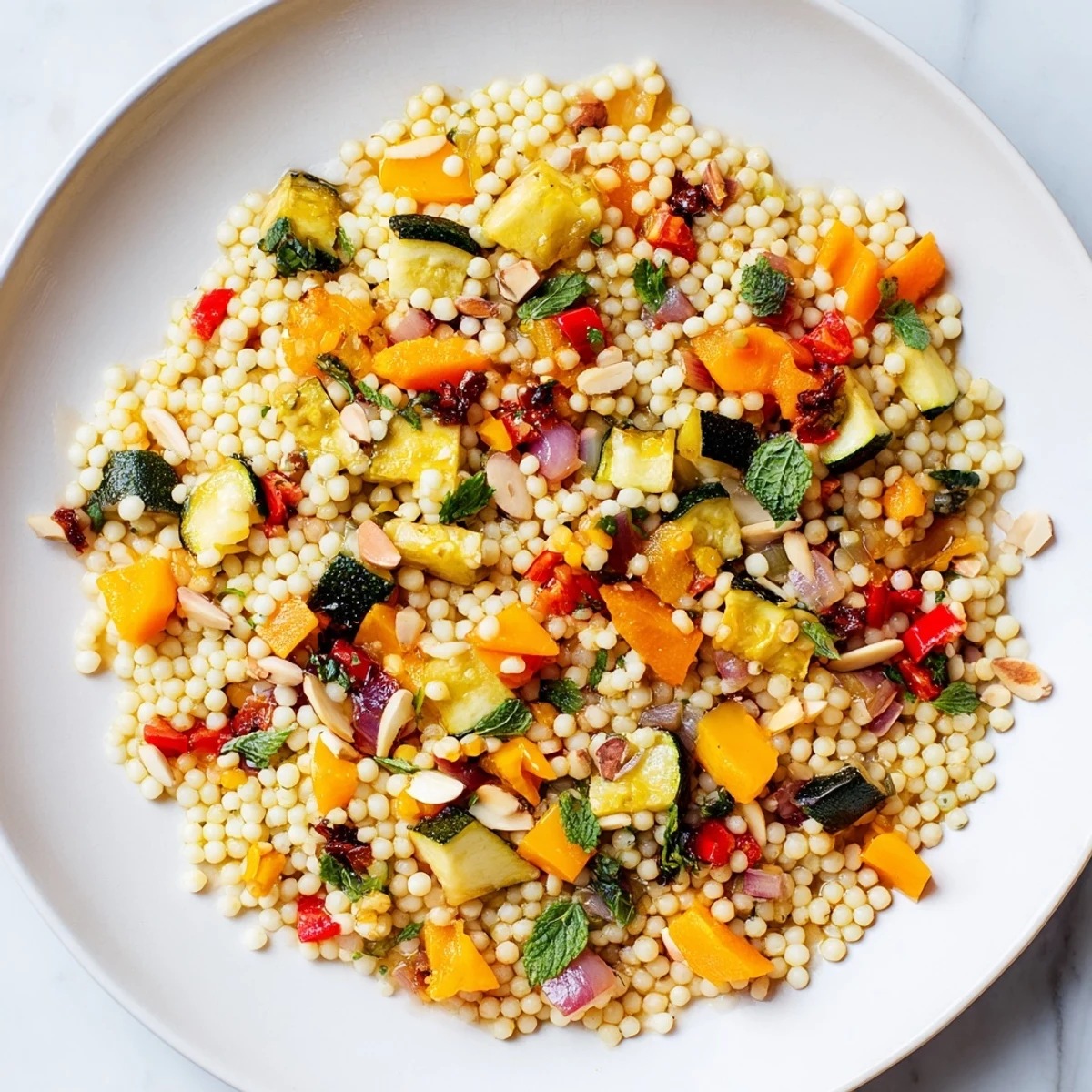Fluffy Moroccan couscous salad with roasted veggies, herbs, and a vibrant lemon dressing.