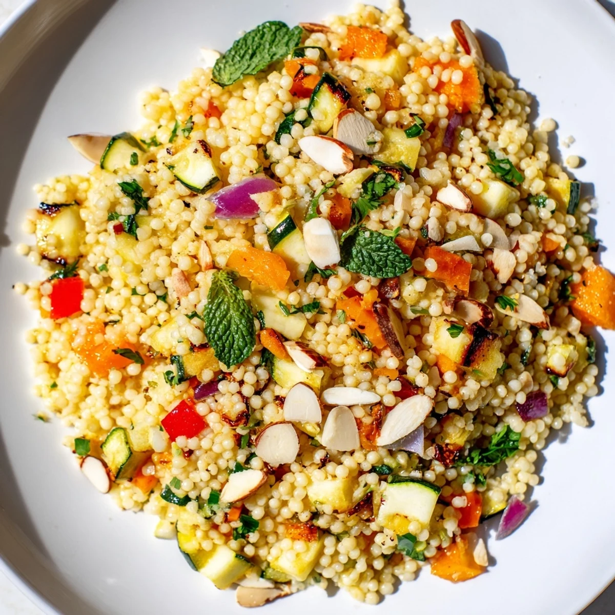 Close-up of a flavorful Moroccan couscous salad, ready to eat, with glistening textures and colors.