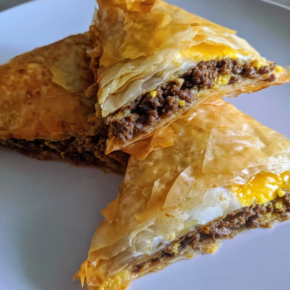 Golden, crispy Tunisian Brik pastry triangles with a runny egg center, ready to eat.