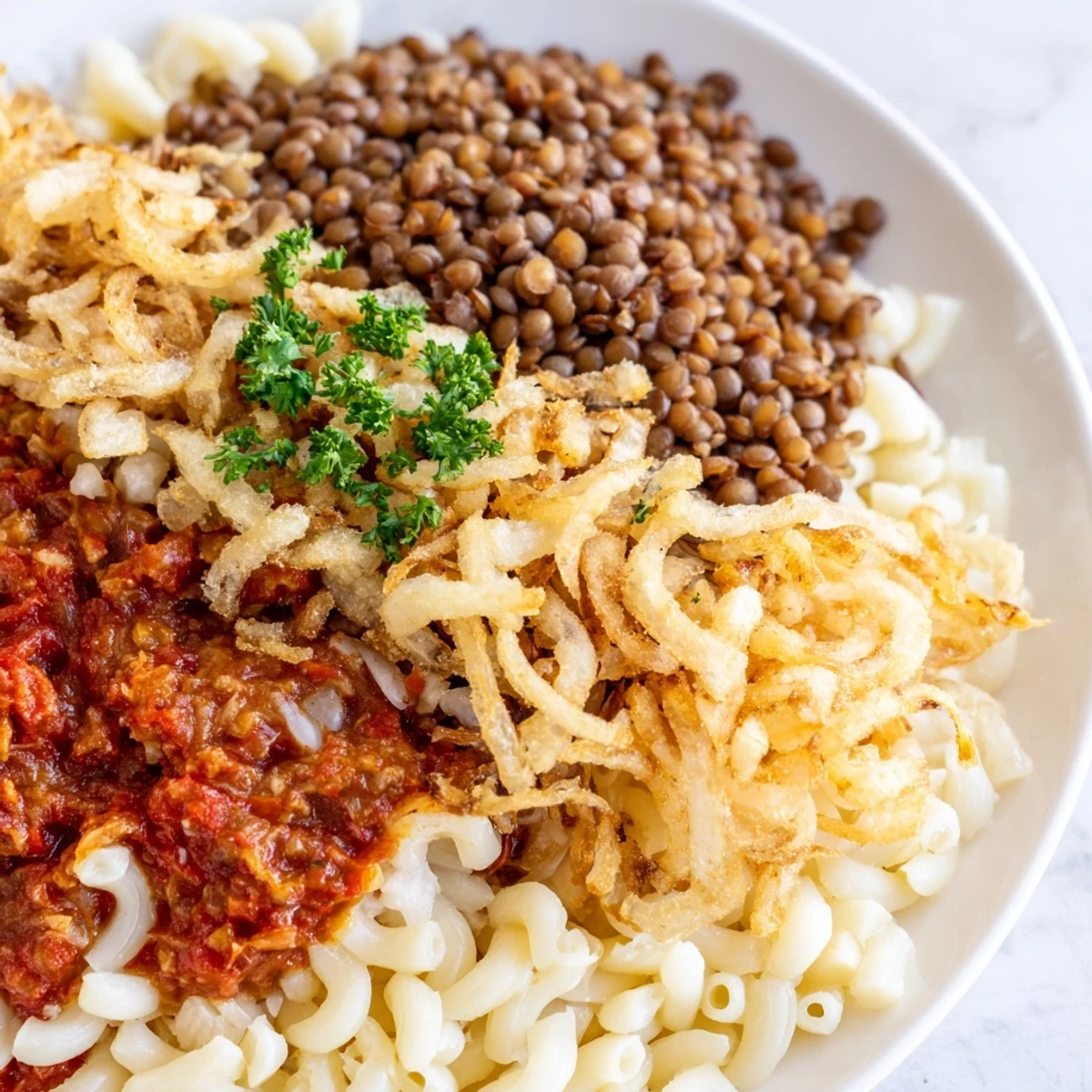A comforting bowl of Egyptian Koshari: imagine the savory lentils, rice, pasta, and flavorful sauce.