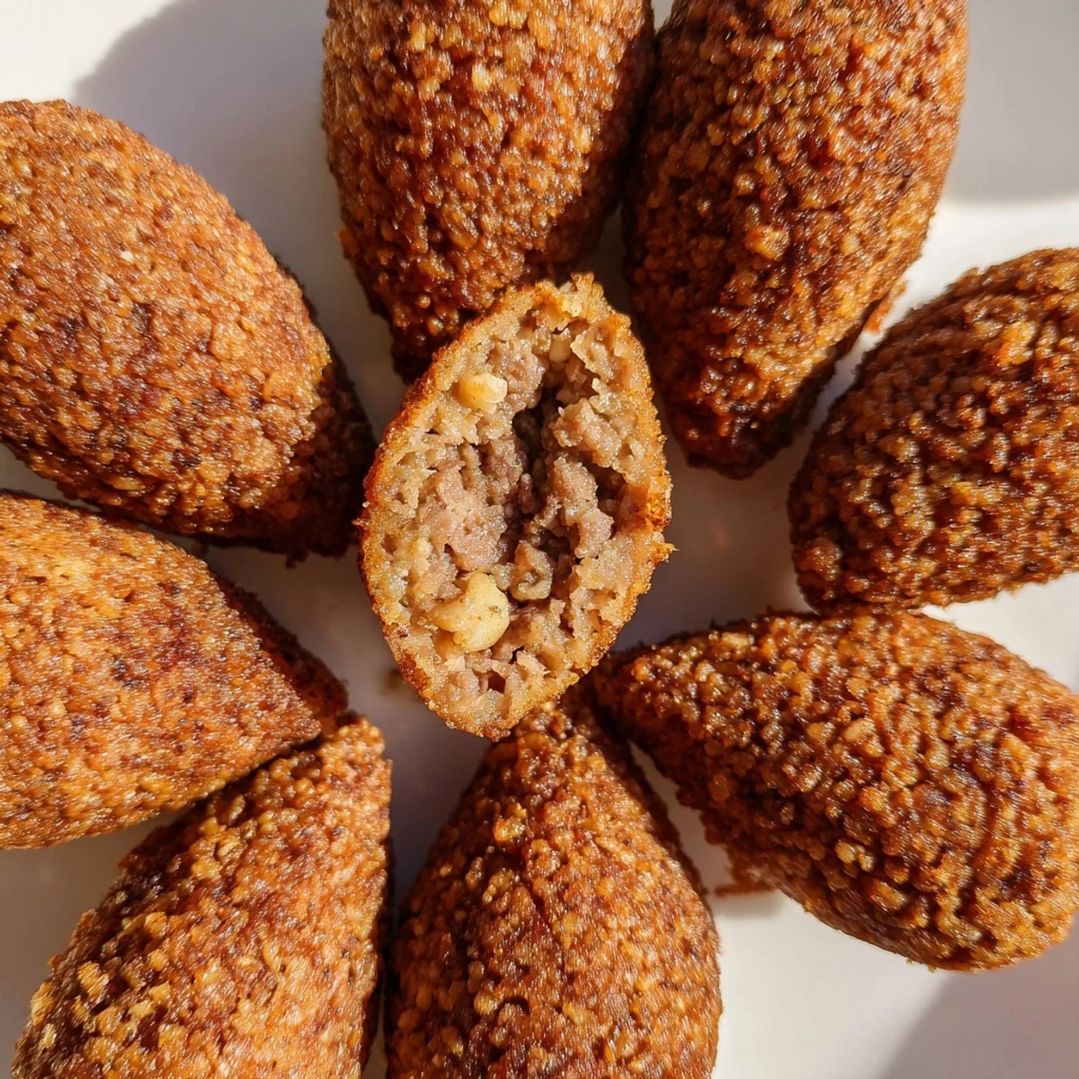 Golden-brown Lebanese Kibbeh, expertly fried to a perfect crisp, served with fresh herbs, ready to eat.